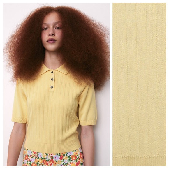 NWT. Zara Yellow Jewel Buttons Knit Polo Shirt. Size M. - Picture 2 of 11